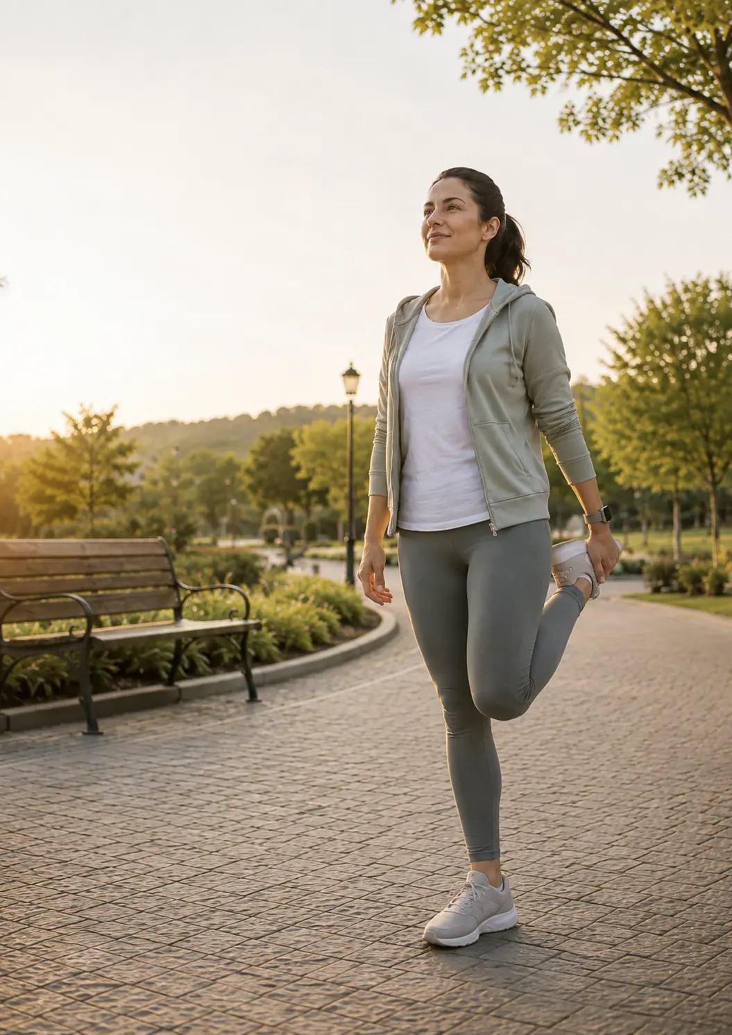 Mulher fazendo alongamento ao ar livre em um parque ao amanhecer, representando movimento seguro para fibromialgia