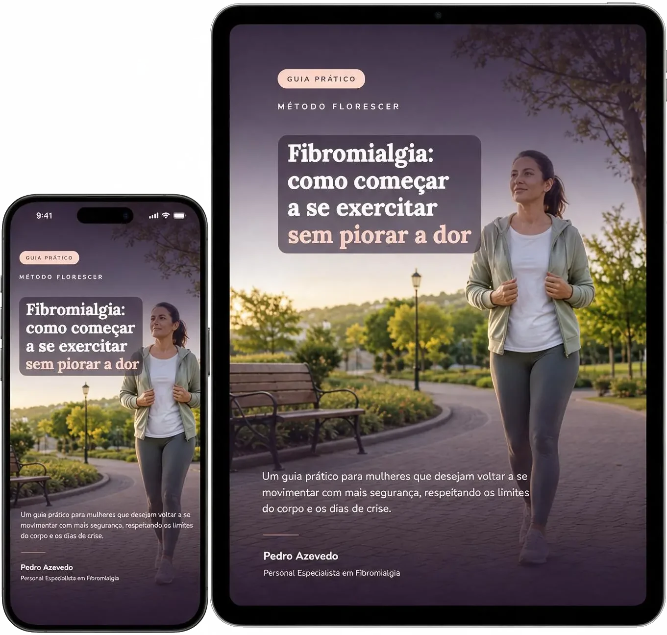 Mockup do eBook Fibromialgia: como começar a se exercitar sem piorar a dor mostrado em smartphone e tablet